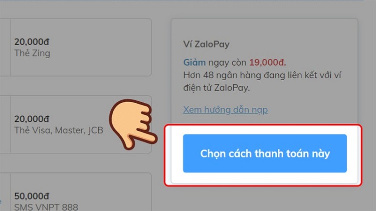 Chọn hình thức nạp sau đó thanh toán